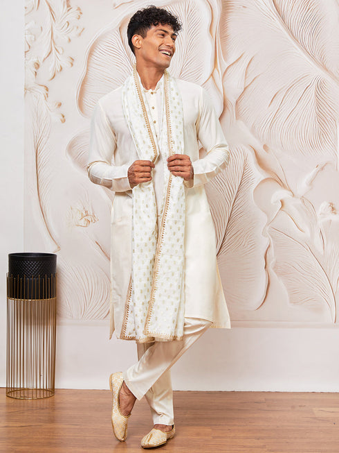 Men's Cream Viscose Kurta, Pant And Dupatta Set
